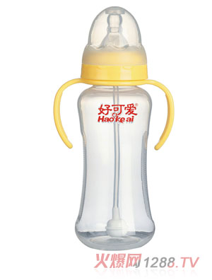 好可爱标口自动吸管手柄弧形奶瓶300ml