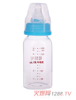 優(yōu)嘻噯晶鉆玻璃無(wú)柄無(wú)吸管奶瓶140ml藍色