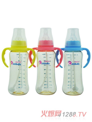 安心贝比双柄标口自动吸管弧形奶瓶300ml