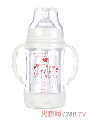 幼爱带柄自动吸晶钻防爆玻璃宽口奶瓶160ml