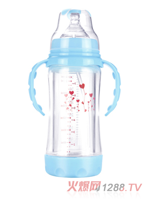 幼爱带柄自动吸晶钻防爆玻璃宽口奶瓶220ml