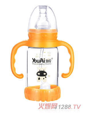 幼爱带柄自动吸防摔感温晶钻玻璃标口奶瓶120ml