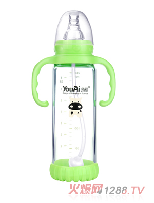 幼爱带柄自动吸防摔感温晶钻玻璃标口奶瓶240ml