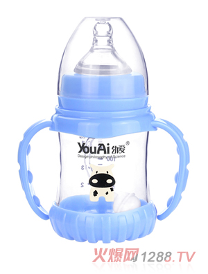 幼爱带柄自动吸防摔感温晶钻玻璃宽口奶瓶150ml