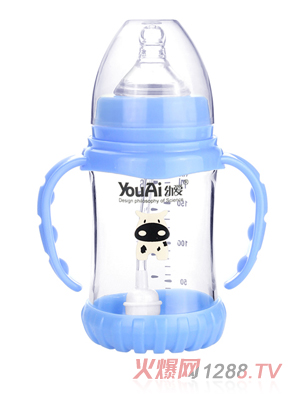 幼爱带柄自动吸防摔感温晶钻玻璃宽口奶瓶180ml