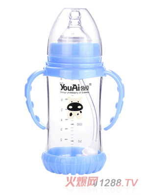 幼爱带柄自动吸防摔感温晶钻玻璃宽口奶瓶240ml