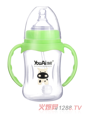 幼爱PP宽口带柄自动吸优品奶瓶180ml