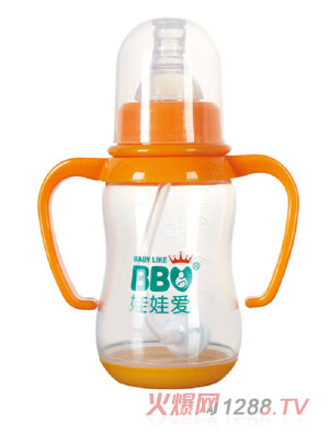娃娃爱宽口握把吸管感温带底PP奶瓶250ml