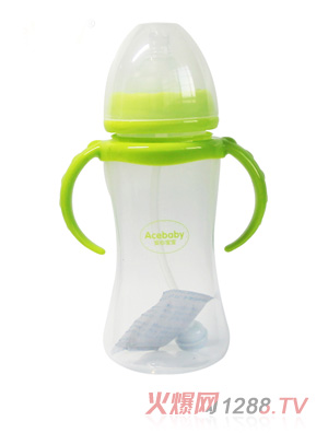 安心宝宝300ml宽口自动双耳PP奶瓶绿色手柄