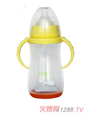 安心宝宝300ml宽口双耳自动感温PP奶瓶黄色