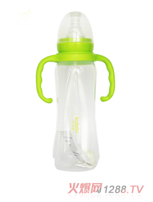 安心宝宝270ml标口方圆适指形双耳自动PP奶瓶绿色带盖