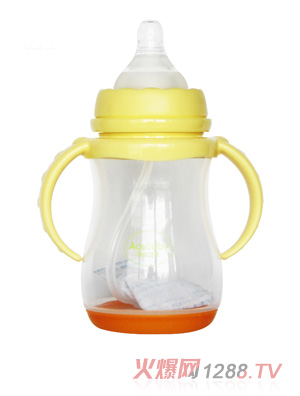 安心宝宝250ml宽口双耳自动感温PP奶瓶黄无盖
