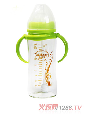 安心宝宝260ml宽口径双耳自动高硼硅玻璃奶瓶绿色带盖