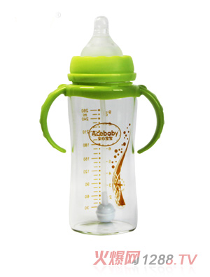 安心宝宝260ml宽口径双耳自动高硼硅玻璃奶瓶绿色