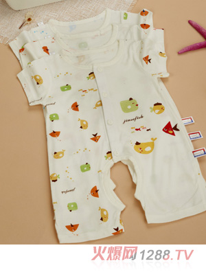 金色小鱼芦荟纤维单面小鱼短袖开档哈衣