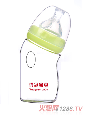 优冠宝贝弯形防胀气玻璃奶瓶160ml绿色