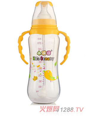 小孩国标口自动弧形PP安全奶瓶300 ML黄色