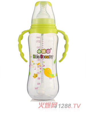 小孩国标口自动弧形PP安全奶瓶300 ML青色