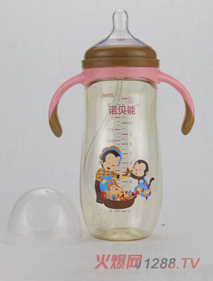诺贝能婴幼儿奶瓶带柄粉色猴子图案