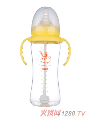 丘比兔玻璃寬口徑葫蘆型自動把手奶瓶280ML黃色