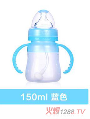 母爱宝宝全硅胶奶瓶yinge宽口径带吸管手柄防胀气新生yinge宝宝蓝