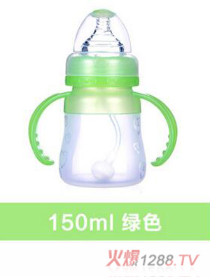 母爱宝宝全硅胶奶瓶yinge宽口径带吸管手柄防胀气 新生yinge宝宝绿