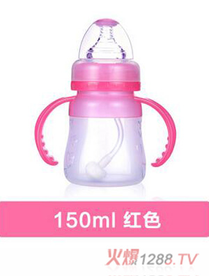 母爱宝宝全硅胶奶瓶yinge宽口径带吸管手柄防胀气新生yinge宝宝红