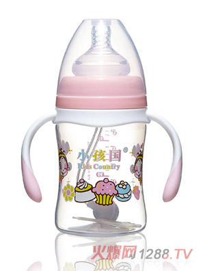 小孩國寬口直身自動(dòng)PP奶瓶粉色180ML