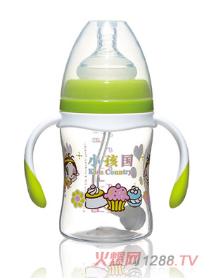 小孩國寬口直身自動(dòng)PP奶瓶綠色180ML