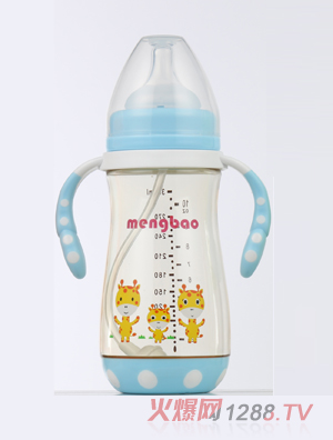 盟寶防摔底座PPSU奶瓶藍色-300ml