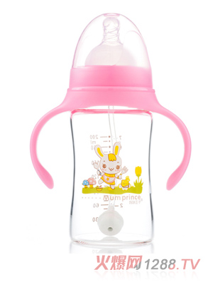 妈咪王子晶钻玻璃自动吸宽口200ml奶瓶 粉色