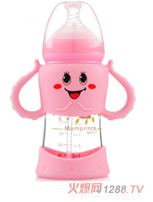 妈咪王子宽口晶钻玻璃自动吸卡通奶瓶200ml 粉色