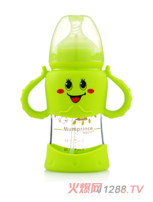 妈咪王子宽口晶钻玻璃自动吸卡通奶瓶200ml 绿色