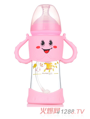 妈咪王子宽口晶钻玻璃自动吸卡通奶瓶260ml 粉色