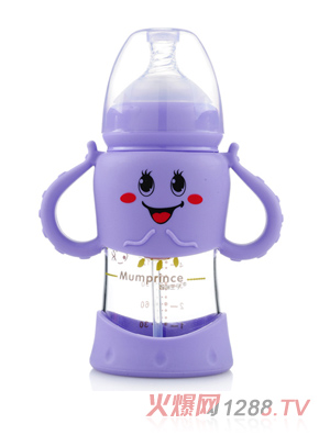 妈咪王子宽口晶钻玻璃自动吸卡通奶瓶200ml 紫色